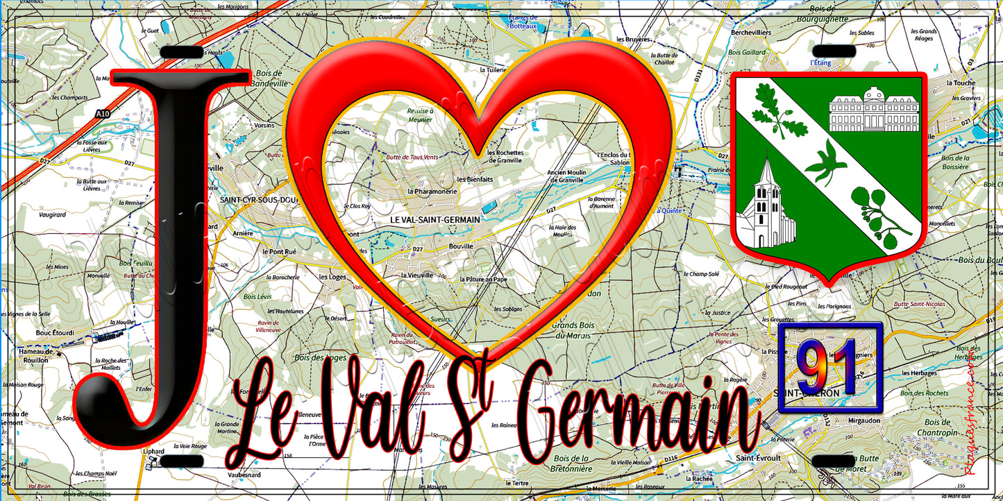 Plaque métal décorative J' ❤️Le Val-Saint-Germain, Essonne (91) fond carte