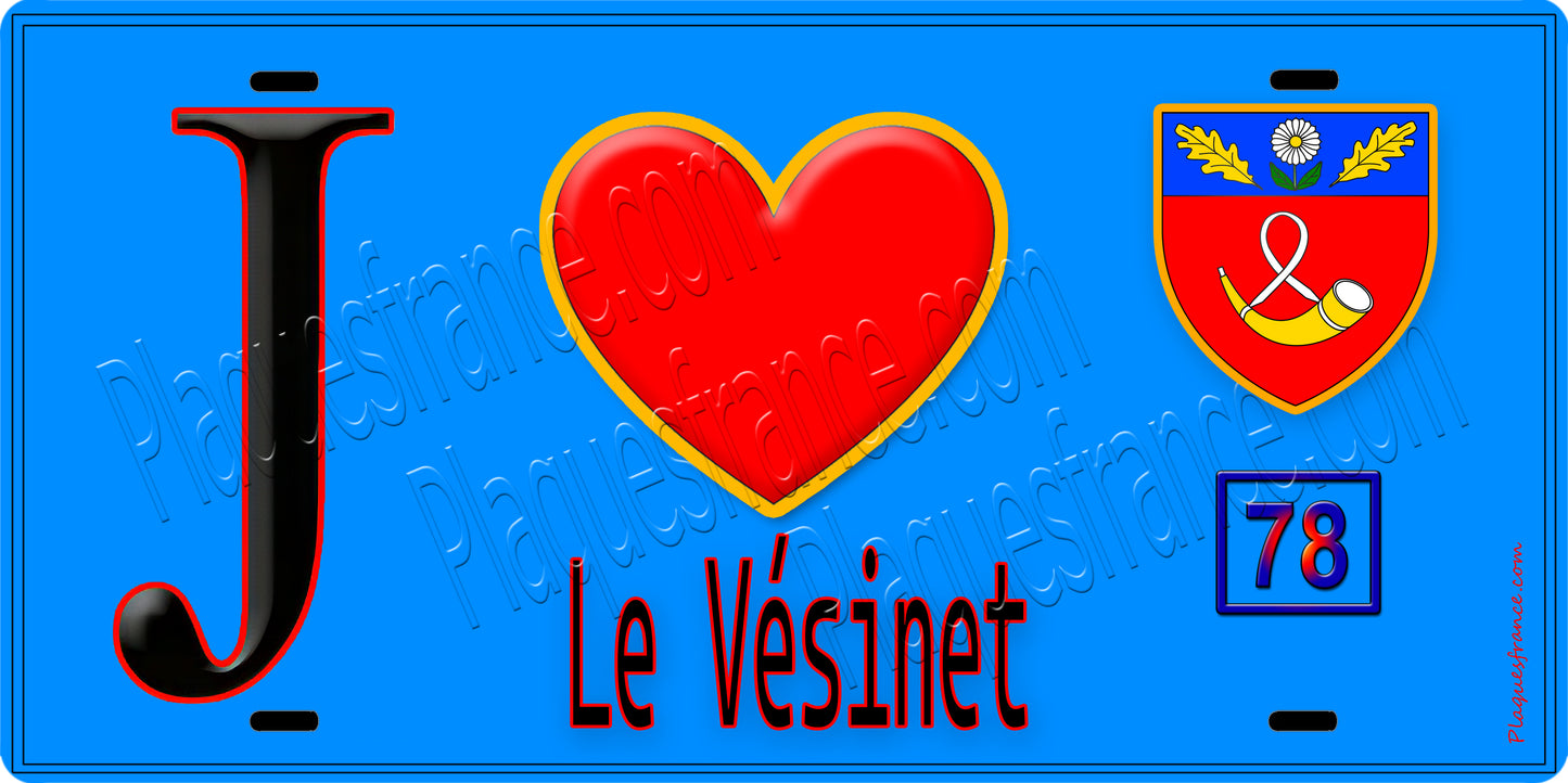 Plaque métal décorative J' ❤️ Le Vésinet, Yvelines (78) fond bleu