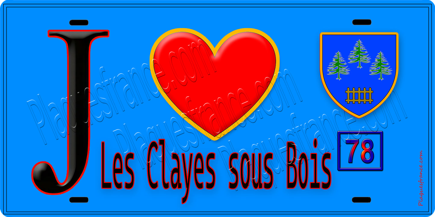Plaque métal décorative J' ❤️ Les Clayes-sous-Bois, Yvelines (78) fond bleu