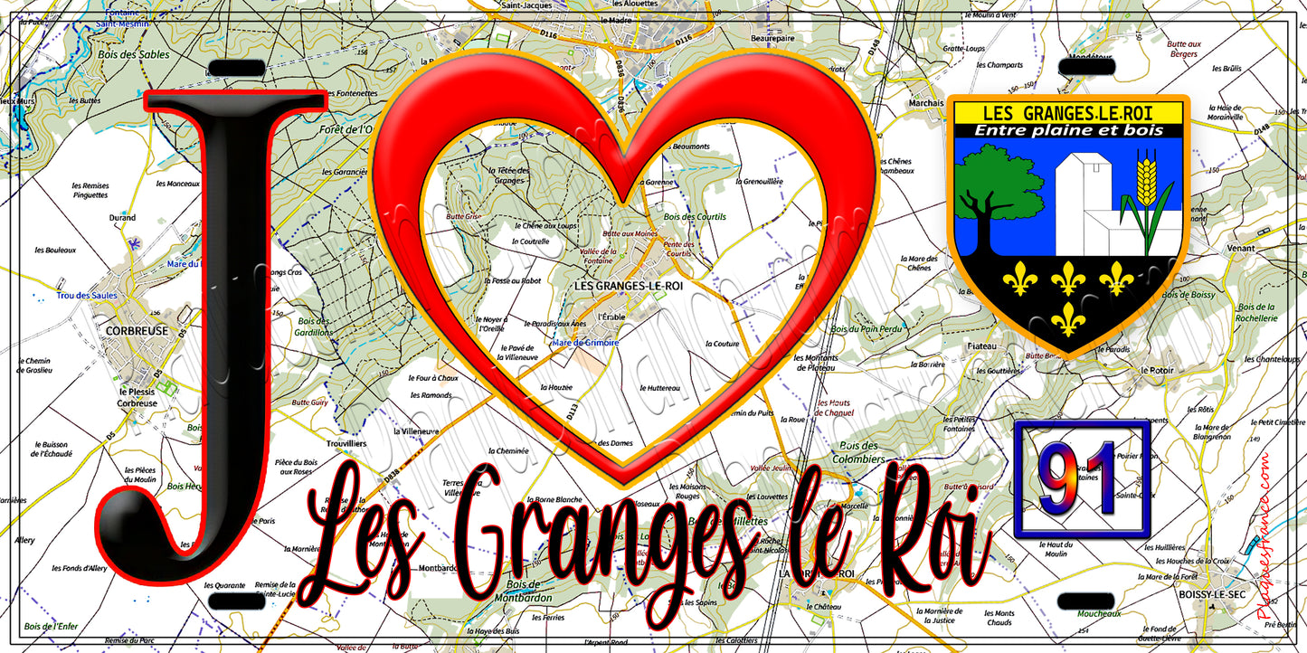 Plaque métal décorative J' ❤️Les Granges-le-Roi, Essonne (91) fond carte