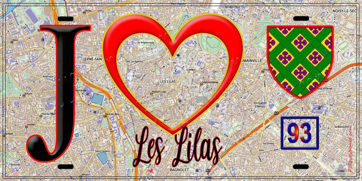 Plaque métal décorative J' ❤️Les Lilas, Seine Saint Denis (93) fond carte