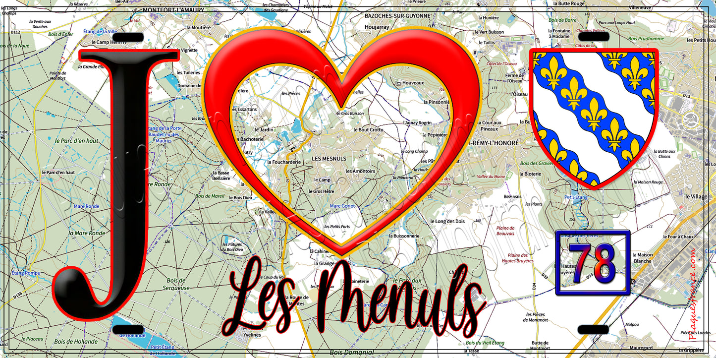 Plaque métal décorative J' ❤️ Les Mesnuls, Yvelines (78) fond carte