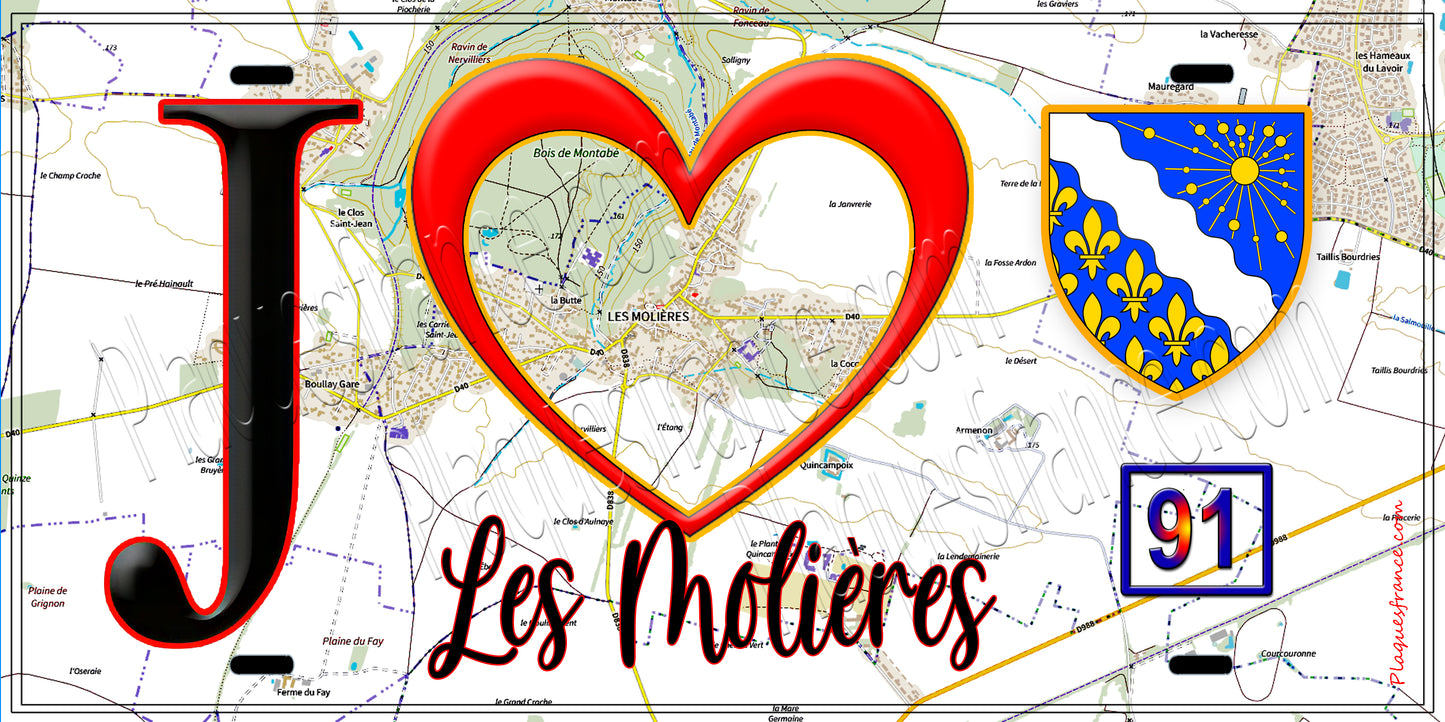 Plaque métal décorative J' ❤️Les Molières, Essonne (91) fond carte