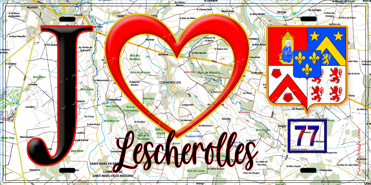 Plaque métal décorative J' ❤️Lescherolles, Seine et Marne (77) fond carte