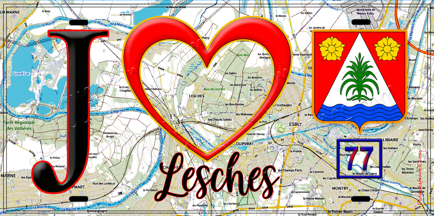 Plaque métal décorative J' ❤️Lesches, Seine et Marne (77) fond carte