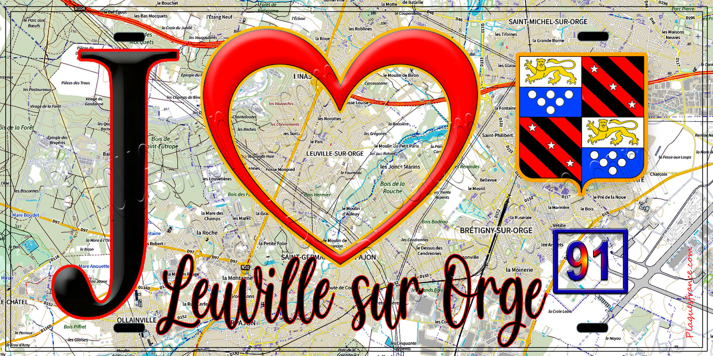 Plaque métal décorative J' ❤️Leuville-sur-Orge, Essonne (91) fond carte
