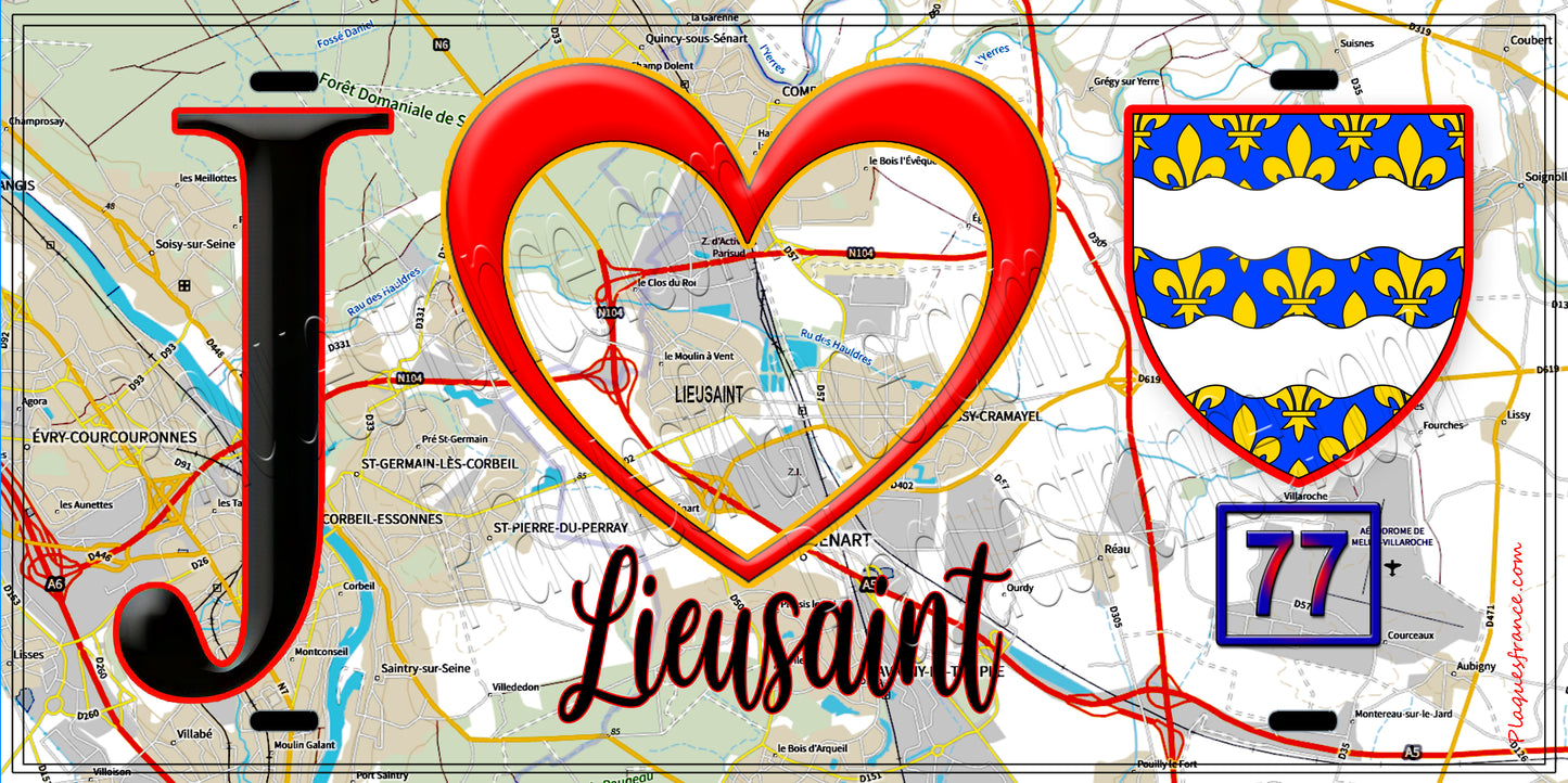 Plaque métal décorative J' ❤️Lieusaint, Seine et Marne (77) fond carte