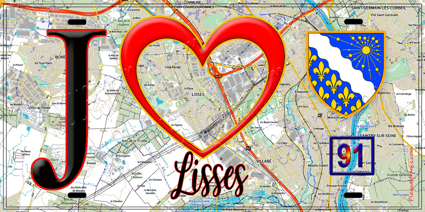 Plaque métal décorative J' ❤️Lisses, Essonne (91) fond carte