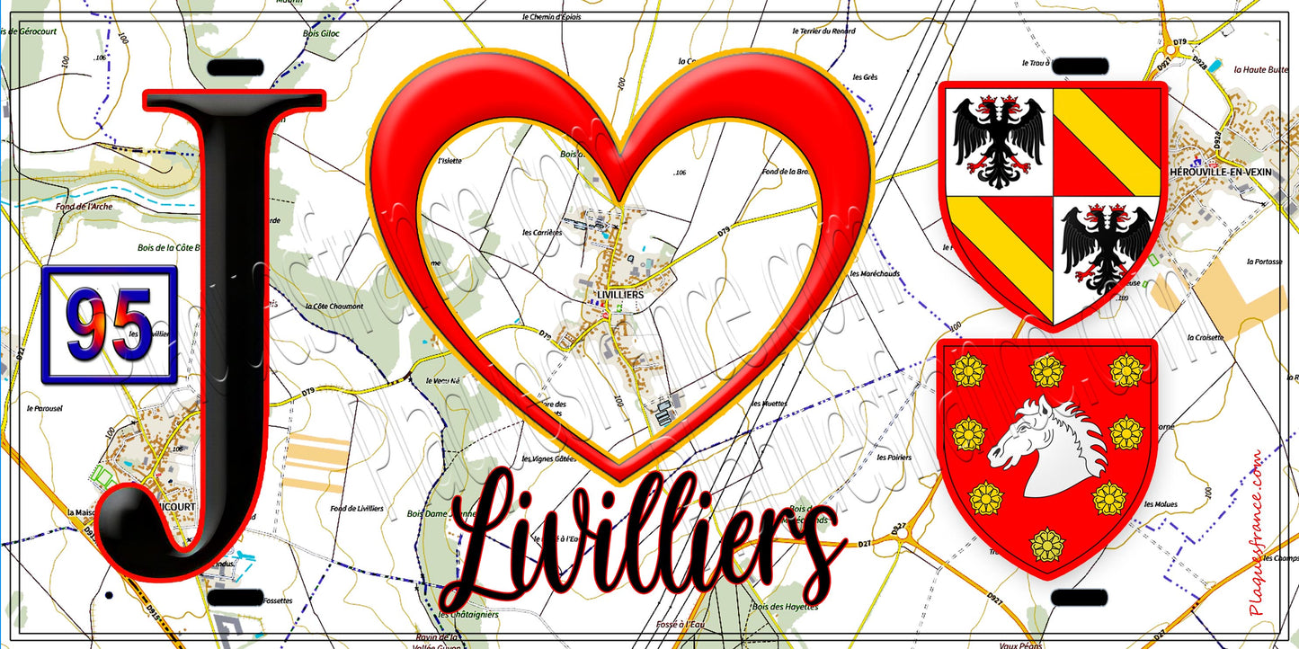 Plaque métal décorative J' ❤️Livilliers, Val d'Oise (95) fond carte