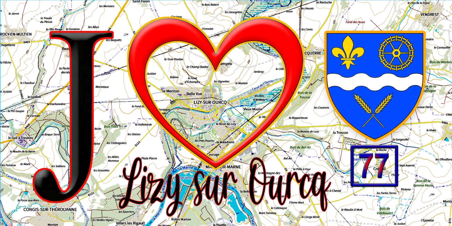 Plaque métal décorative J' ❤️Lizy-sur-Ourcq, Seine et Marne (77) fond carte