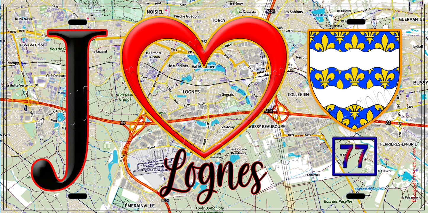Plaque métal décorative J' ❤️Lognes, Seine et Marne (77) fond carte