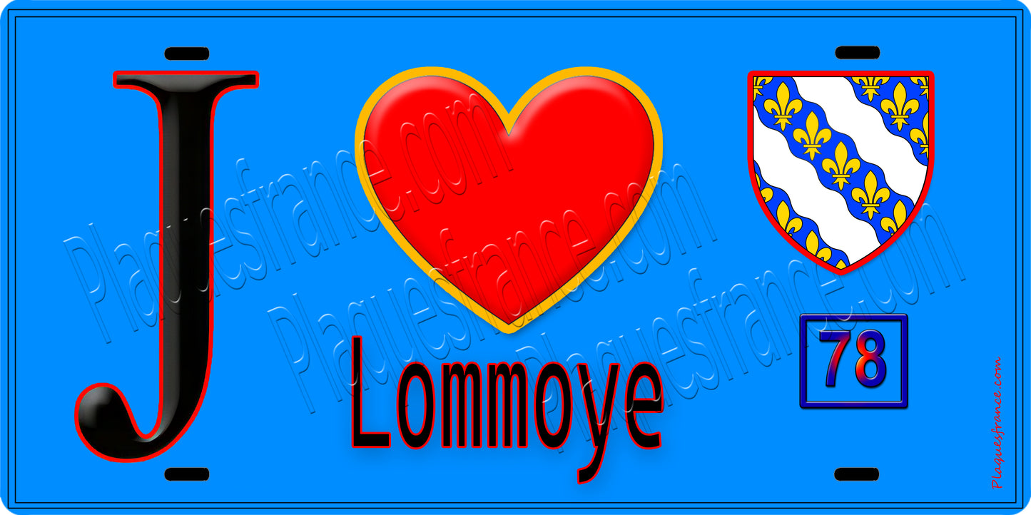 Plaque métal décorative J' ❤️ Lommoye, Yvelines (78) fond bleu