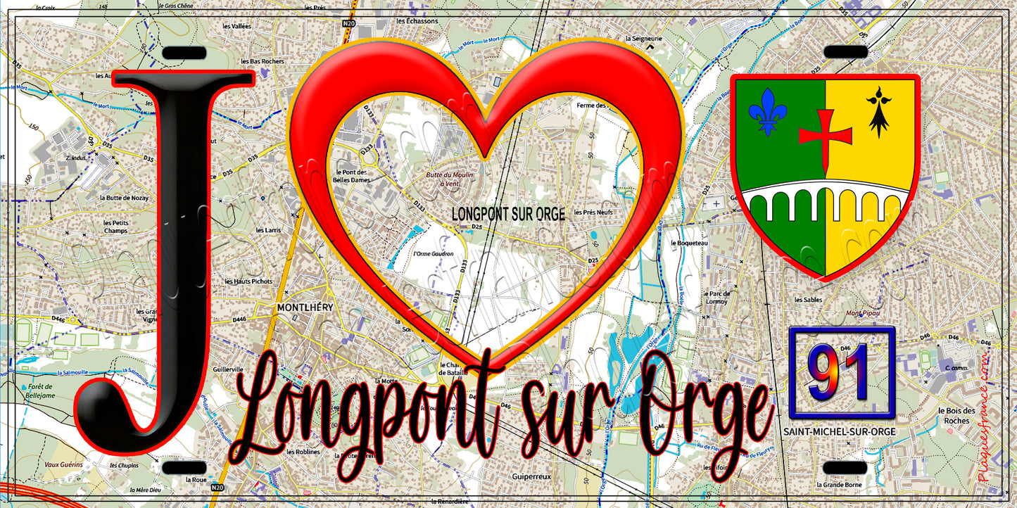 Plaque métal décorative J' ❤️Longpont-sur-Orge, Essonne (91) fond carte
