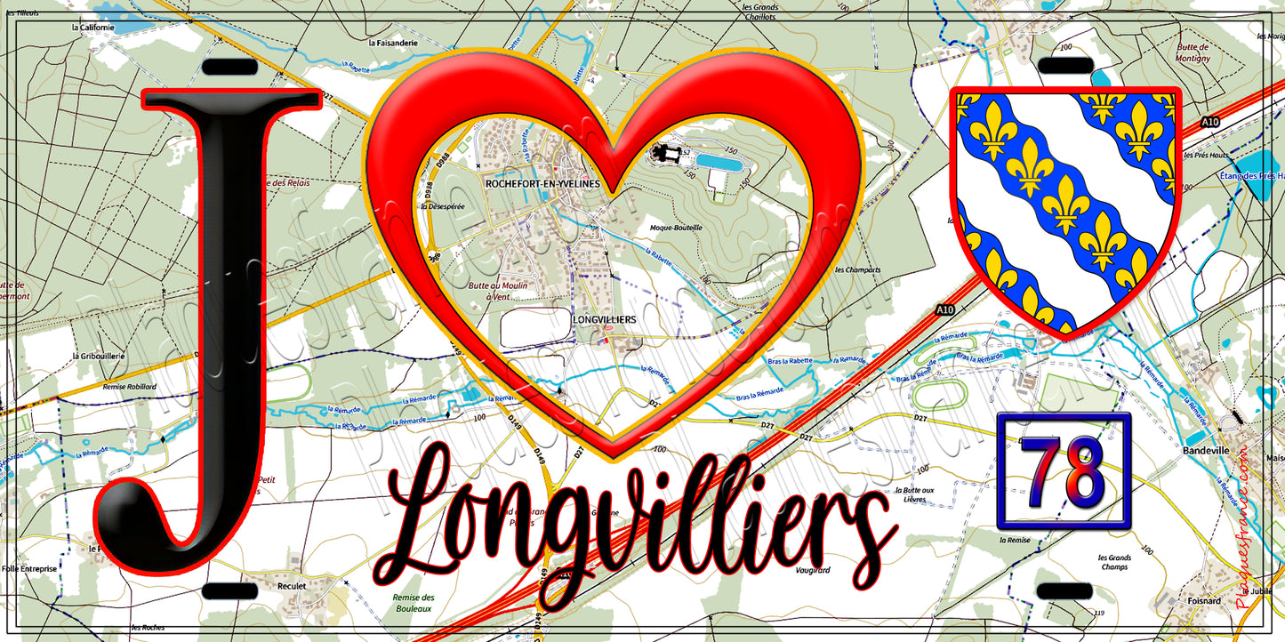 Plaque métal décorative J' ❤️ Longvilliers, Yvelines (78) fond carte