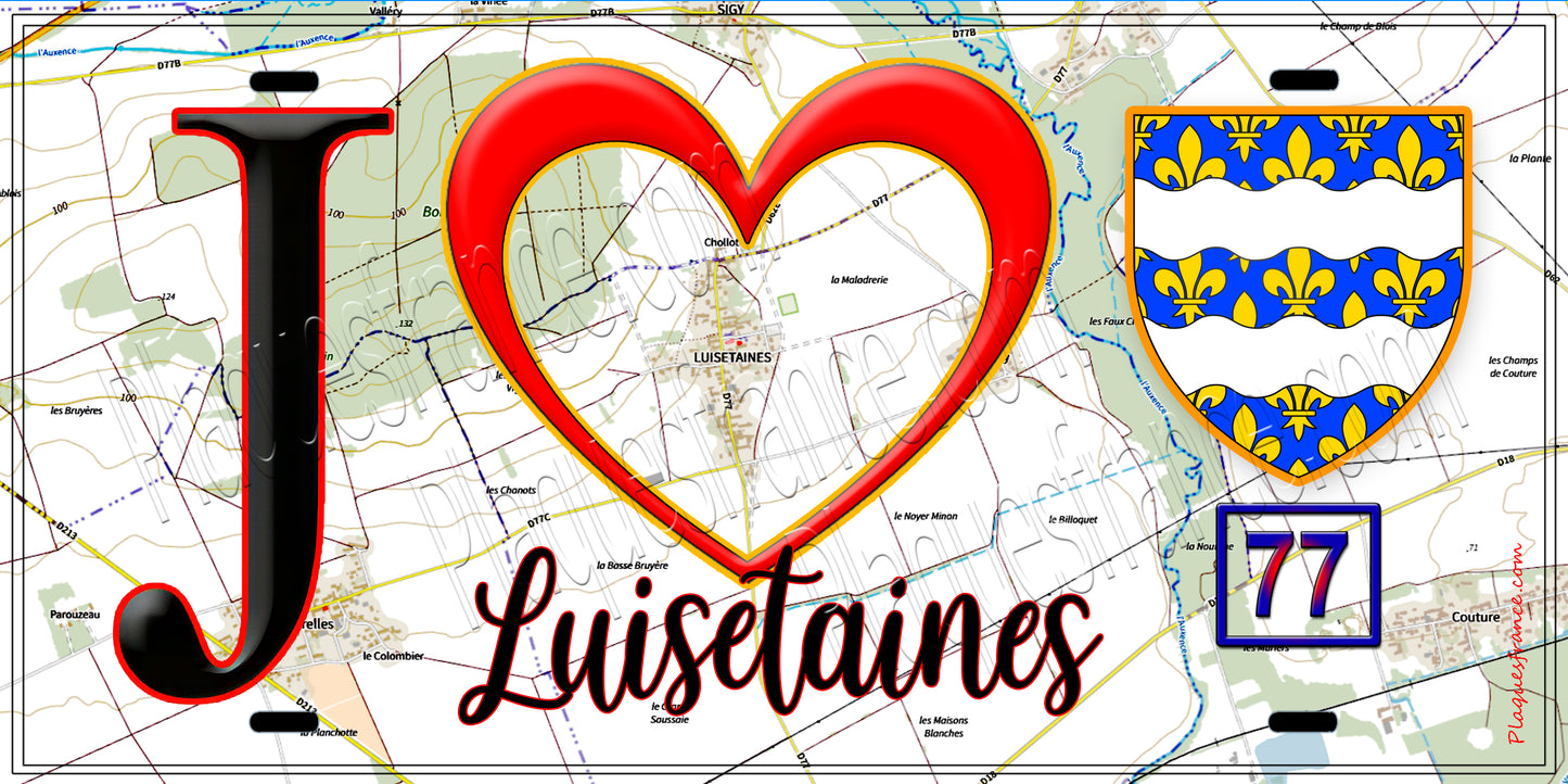 Plaque métal décorative J' ❤️Luisetaines, Seine et Marne (77) fond carte
