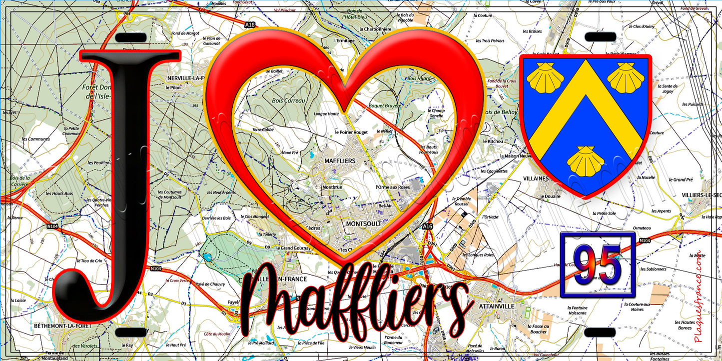 Plaque métal décorative J' ❤️Maffliers, Val d'Oise (95) fond carte