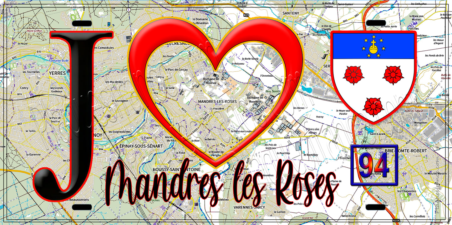 Plaque métal décorative J' ❤️Mandres-les-Roses, Val de Marne (94) fond carte