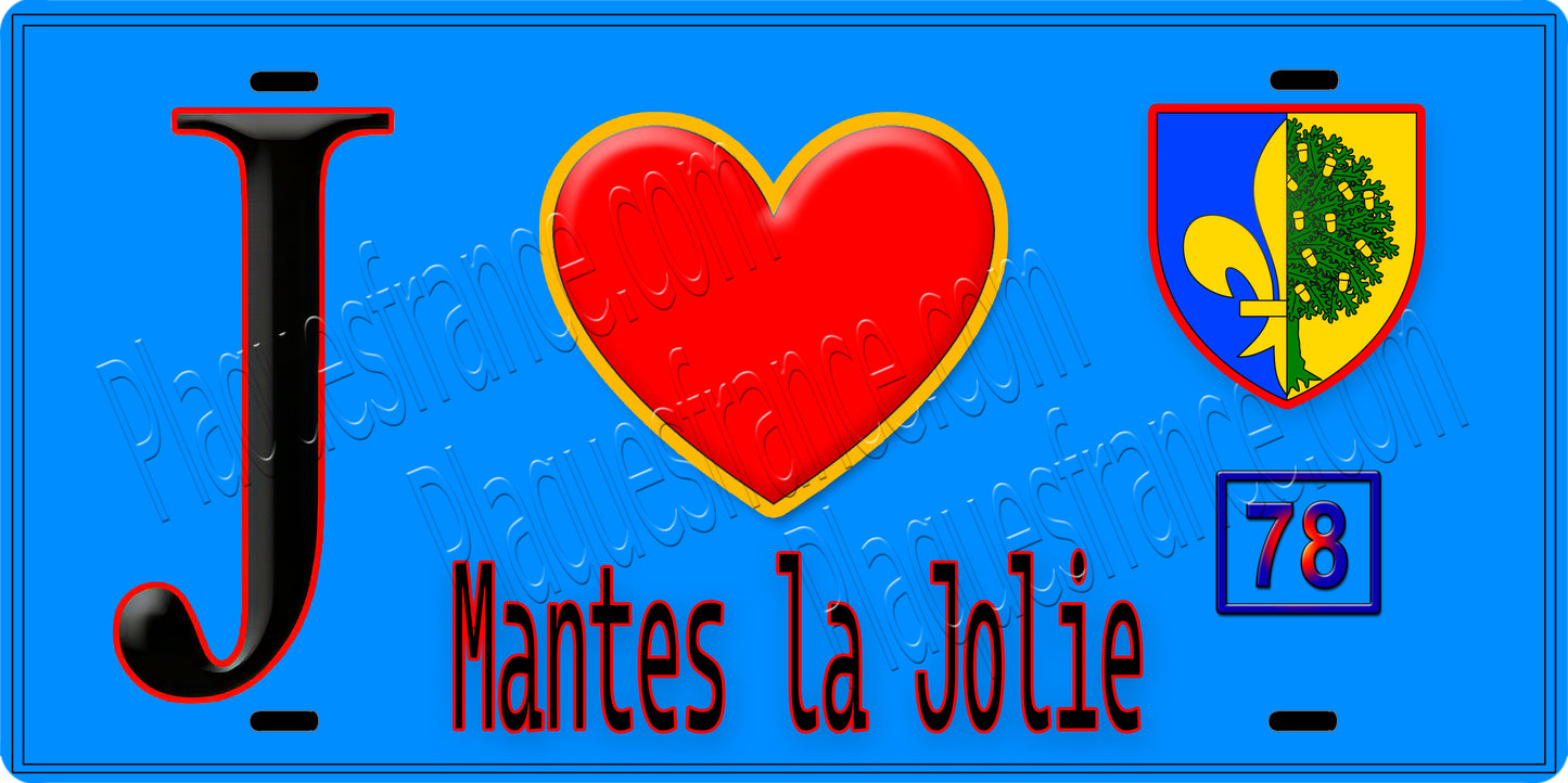 Plaque métal décorative J' ❤️ Mantes‑la‑Jolie, Yvelines (78)