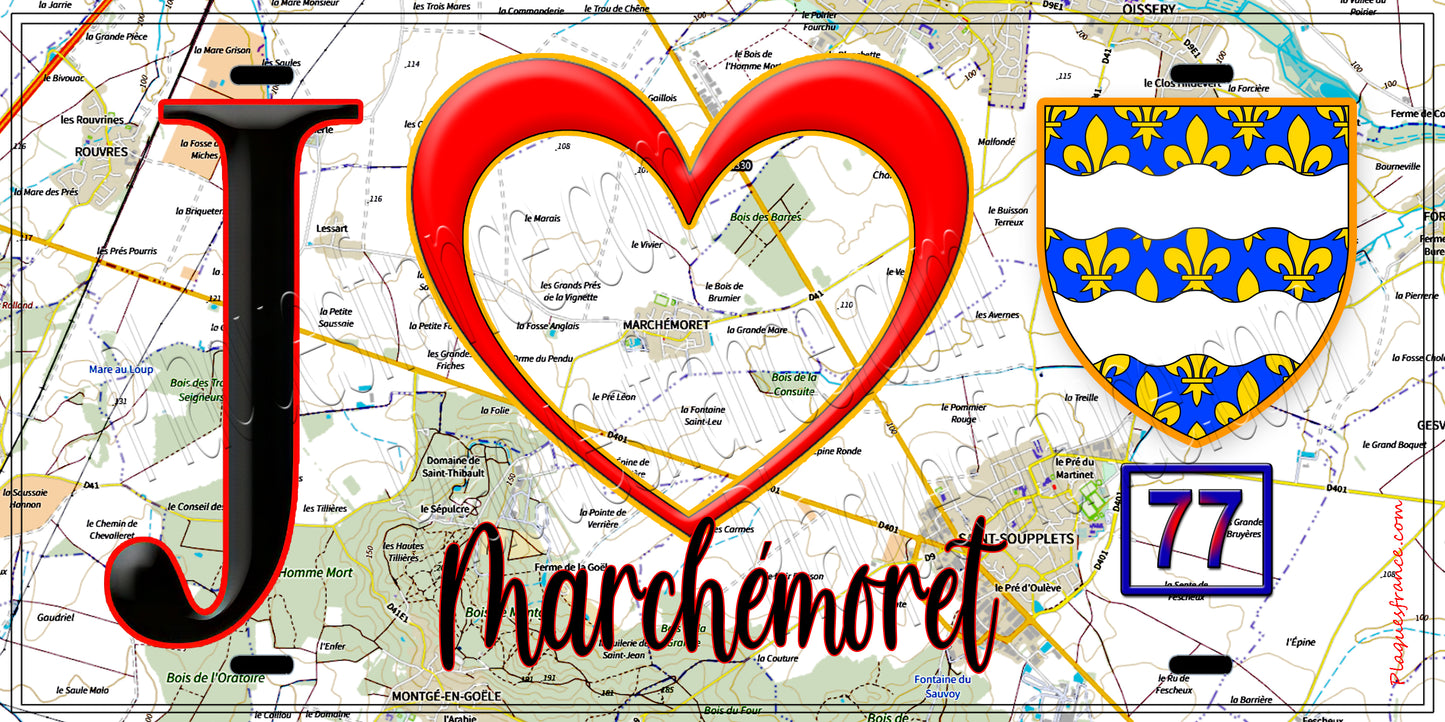 Plaque métal décorative J' ❤️Marchémoret, Seine et Marne (77) fond carte