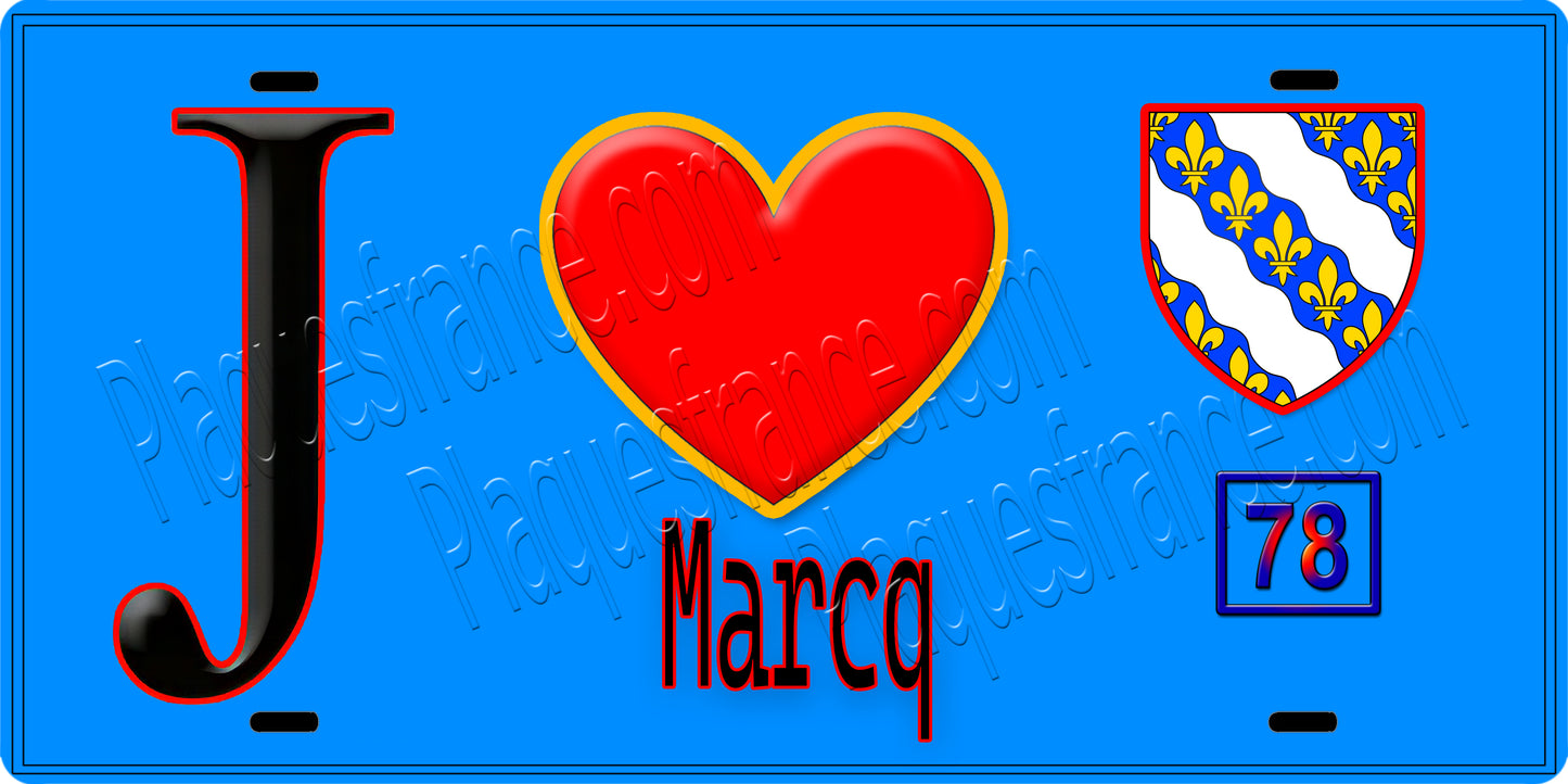 Plaque métal décorative J' ❤️ Marcq, Yvelines (78) fond bleu