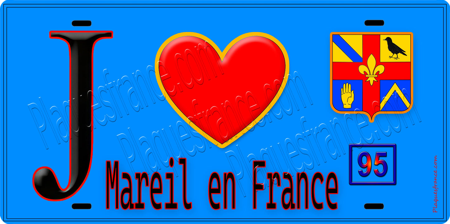 Plaque métal décorative J' ❤️Mareil-en-France, Val d'Oise (95) fond bleu
