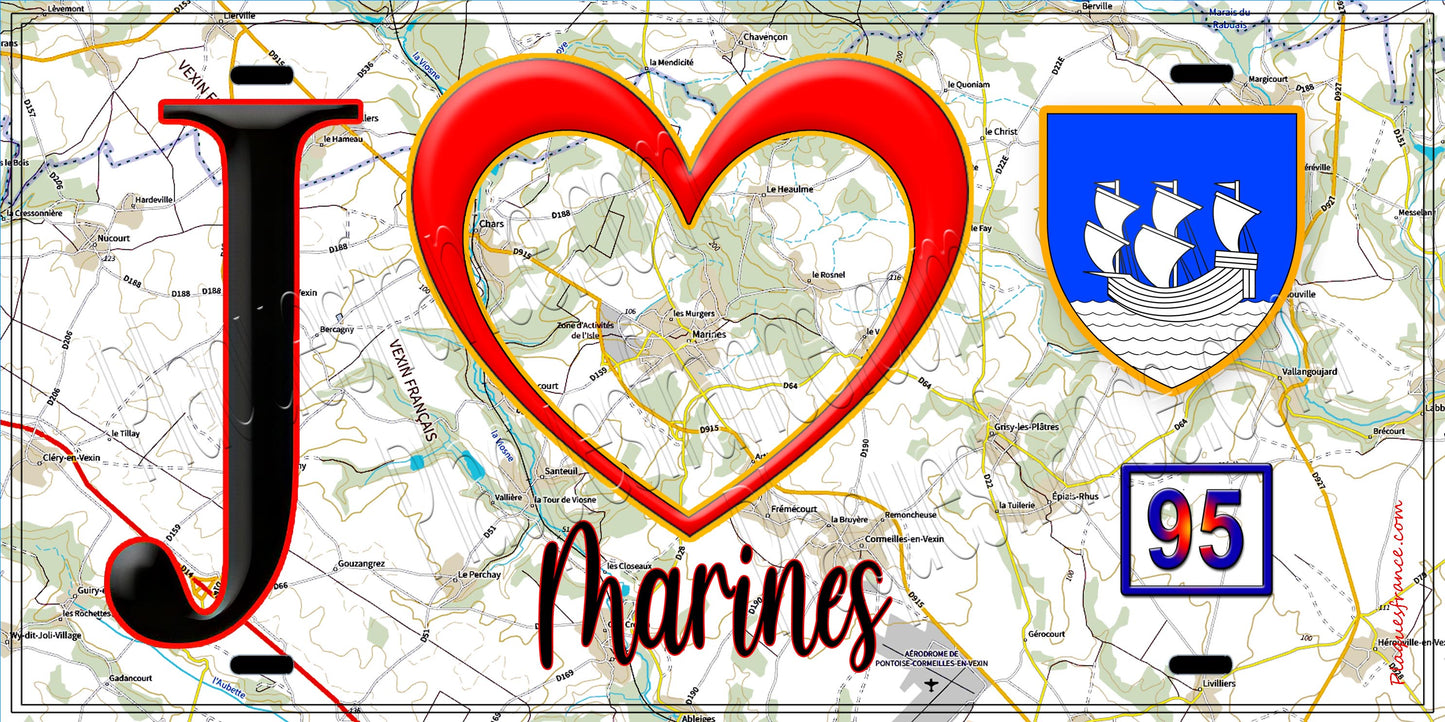 Plaque métal décorative J' ❤️Marines, Val d'Oise (95) fond carte