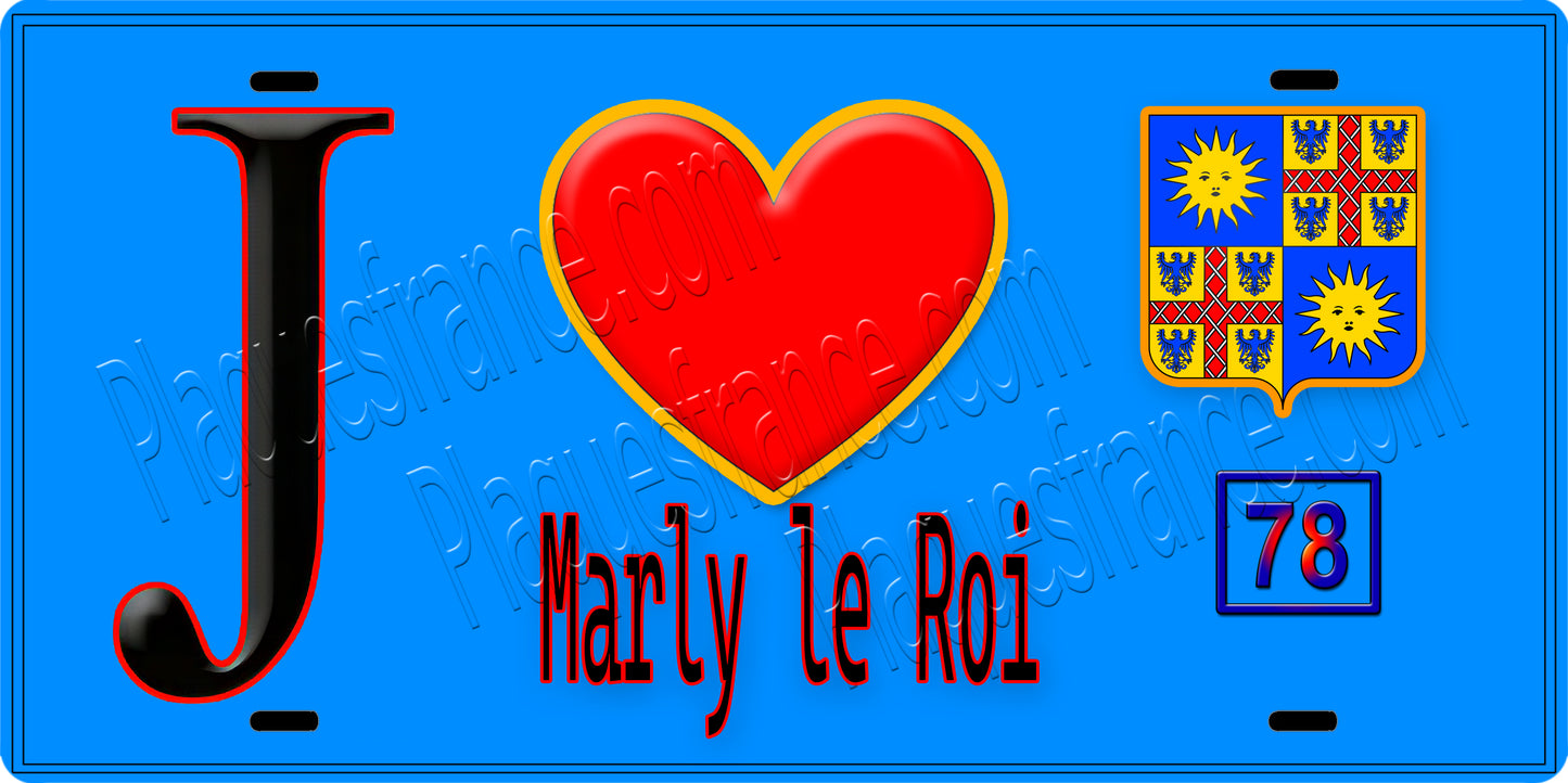 Plaque métal décorative J' ❤️ Marly-le-Roi, Yvelines (78) fond bleu