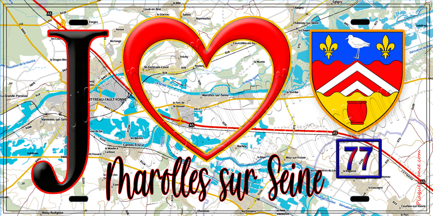 Plaque métal décorative J' ❤️Marolles-sur-Seine, Seine et Marne (77) fond carte