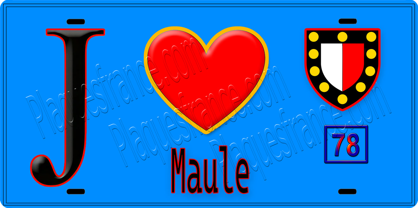 Plaque métal décorative J' ❤️ Maule, Yvelines (78) fond bleu