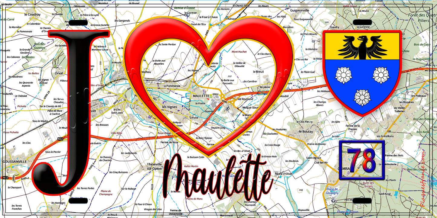 Plaque métal décorative J' ❤️ Maulette, Yvelines (78) fond carte