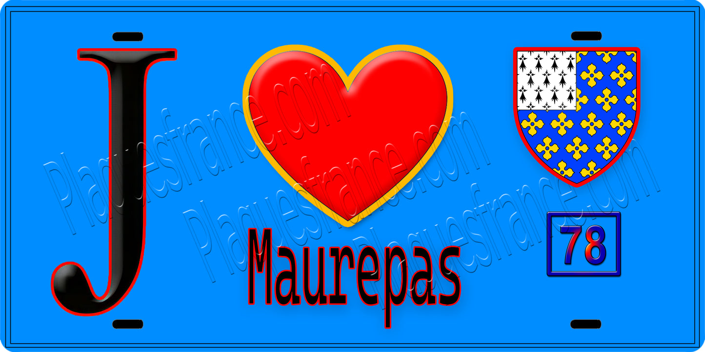 Plaque métal décorative J' ❤️ Maurepas, Yvelines (78) fond bleu