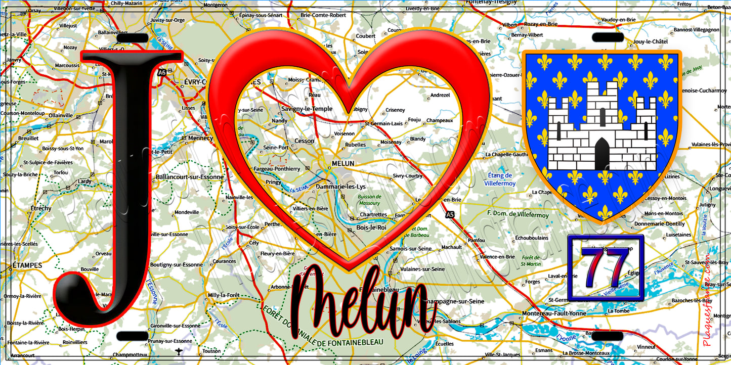 Plaque métal décorative J' ❤️Melun, Seine et Marne (77)