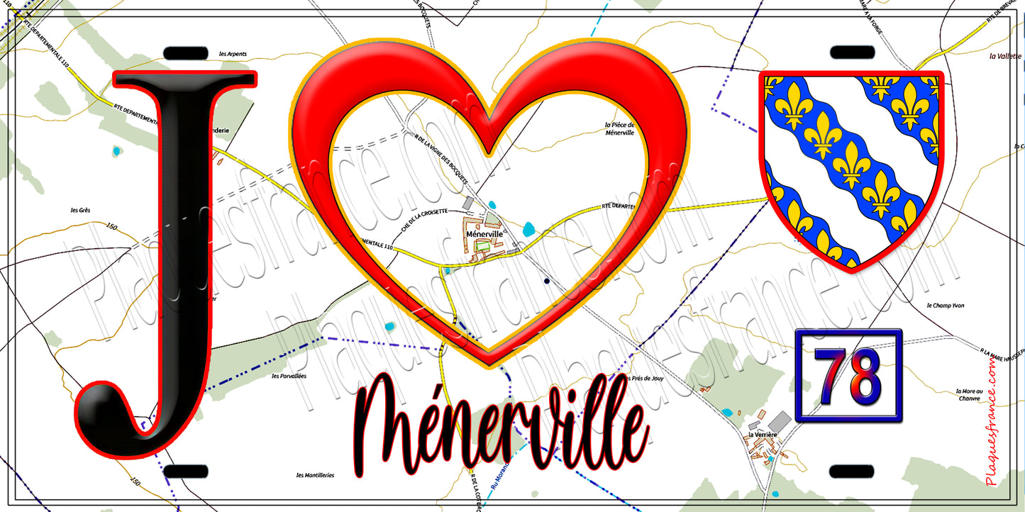 Plaque métal décorative J' ❤️ Ménerville, Yvelines (78) fond carte