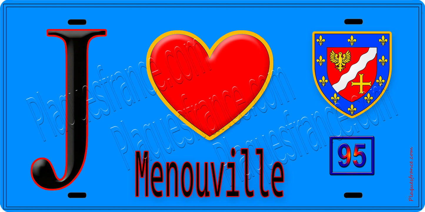 Plaque métal décorative J' ❤️Menouville, Val d'Oise (95) fond bleu