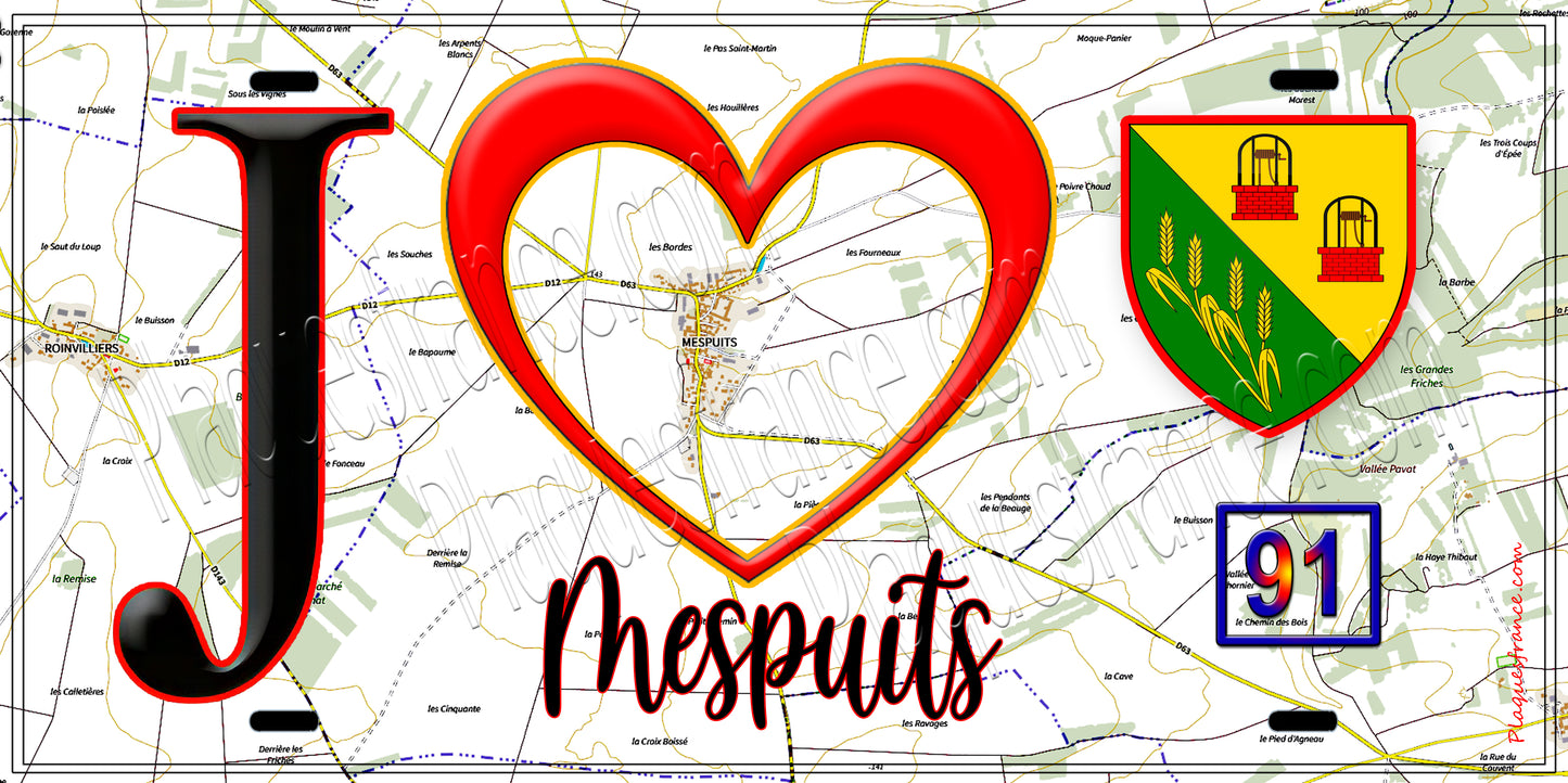 Plaque métal décorative J' ❤️Mespuits, Essonne (91) fond carte