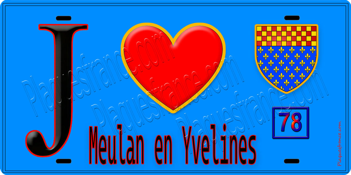 Plaque métal décorative J' ❤️ Meulan-en-Yvelines, Yvelines (78) fond bleu