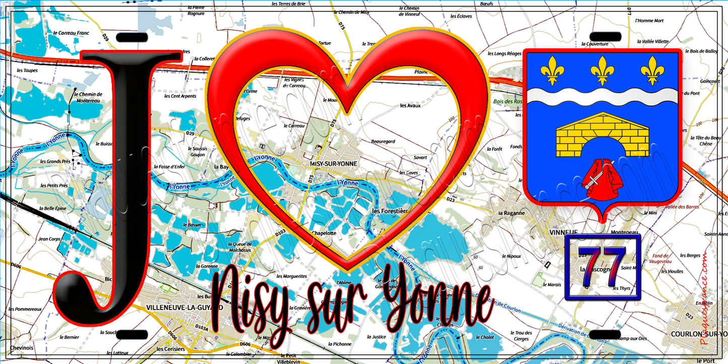 Plaque métal décorative J' ❤️Misy-sur-Yonne, Seine et Marne (77) fond carte