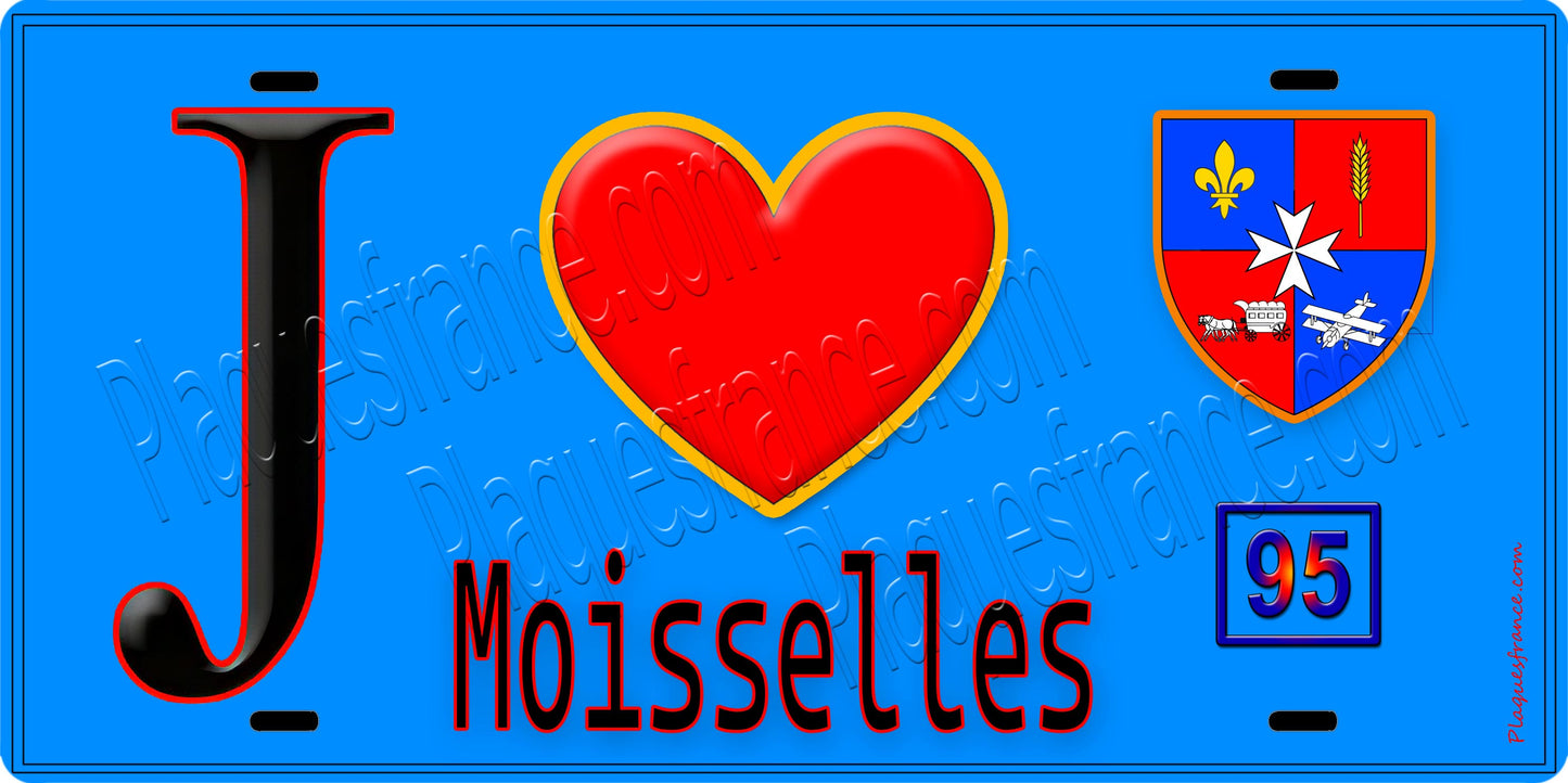 Plaque métal décorative J' ❤️Moisselles, Val d'Oise (95) fond bleu