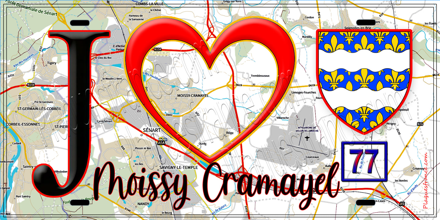 Plaque métal décorative J' ❤️Moissy-Cramayel, Seine et Marne (77) fond carte