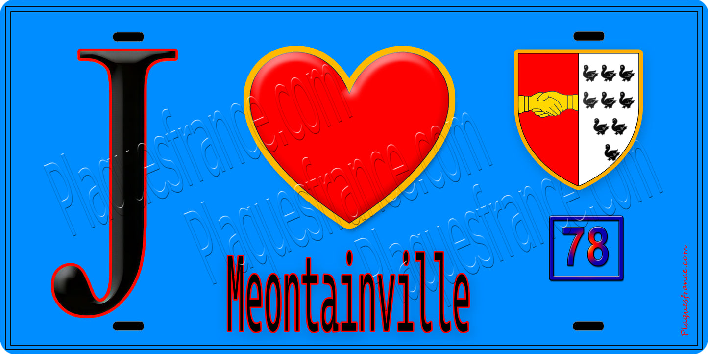 Plaque métal décorative J' ❤️ Montainville, Yvelines (78) fond bleu