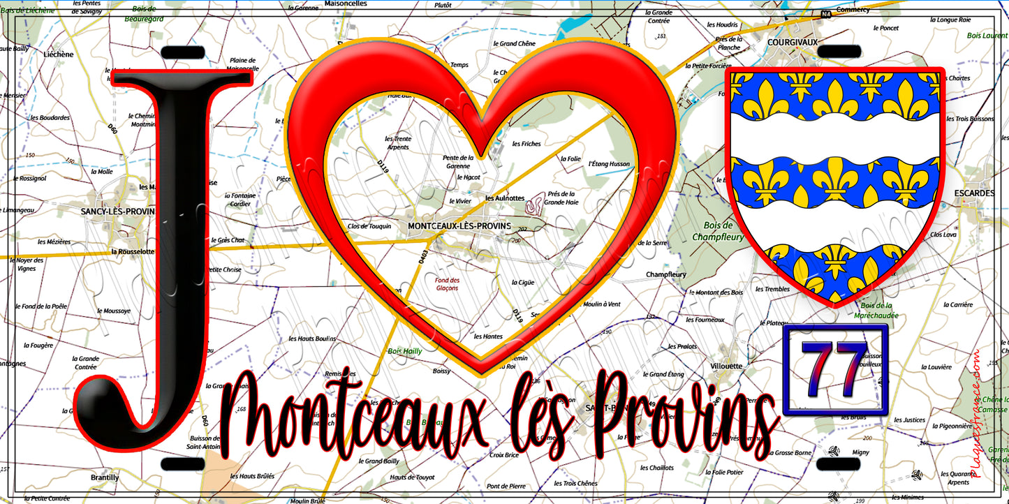 Plaque métal décorative J' ❤️Montceaux-lès-Provins, Seine et Marne (77) fond carte