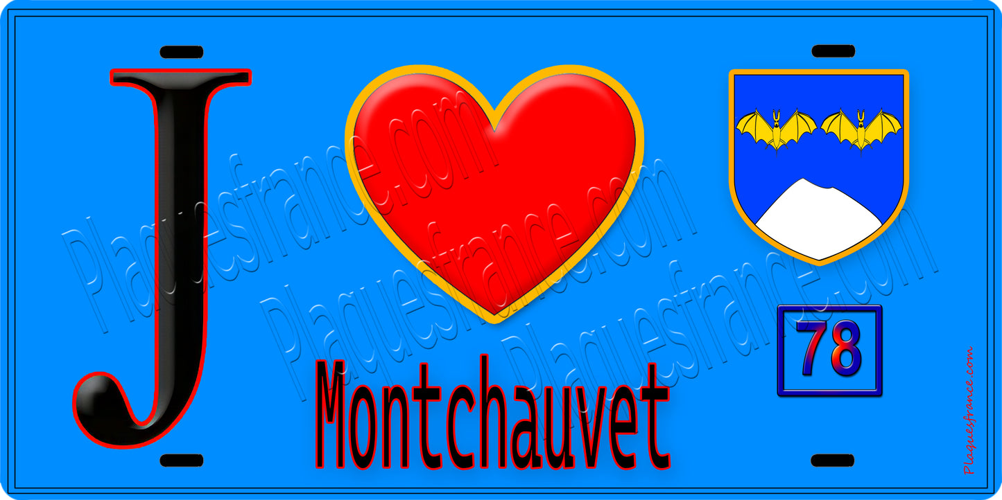Plaque métal décorative J' ❤️ Montchauvet, Yvelines (78) fond bleu