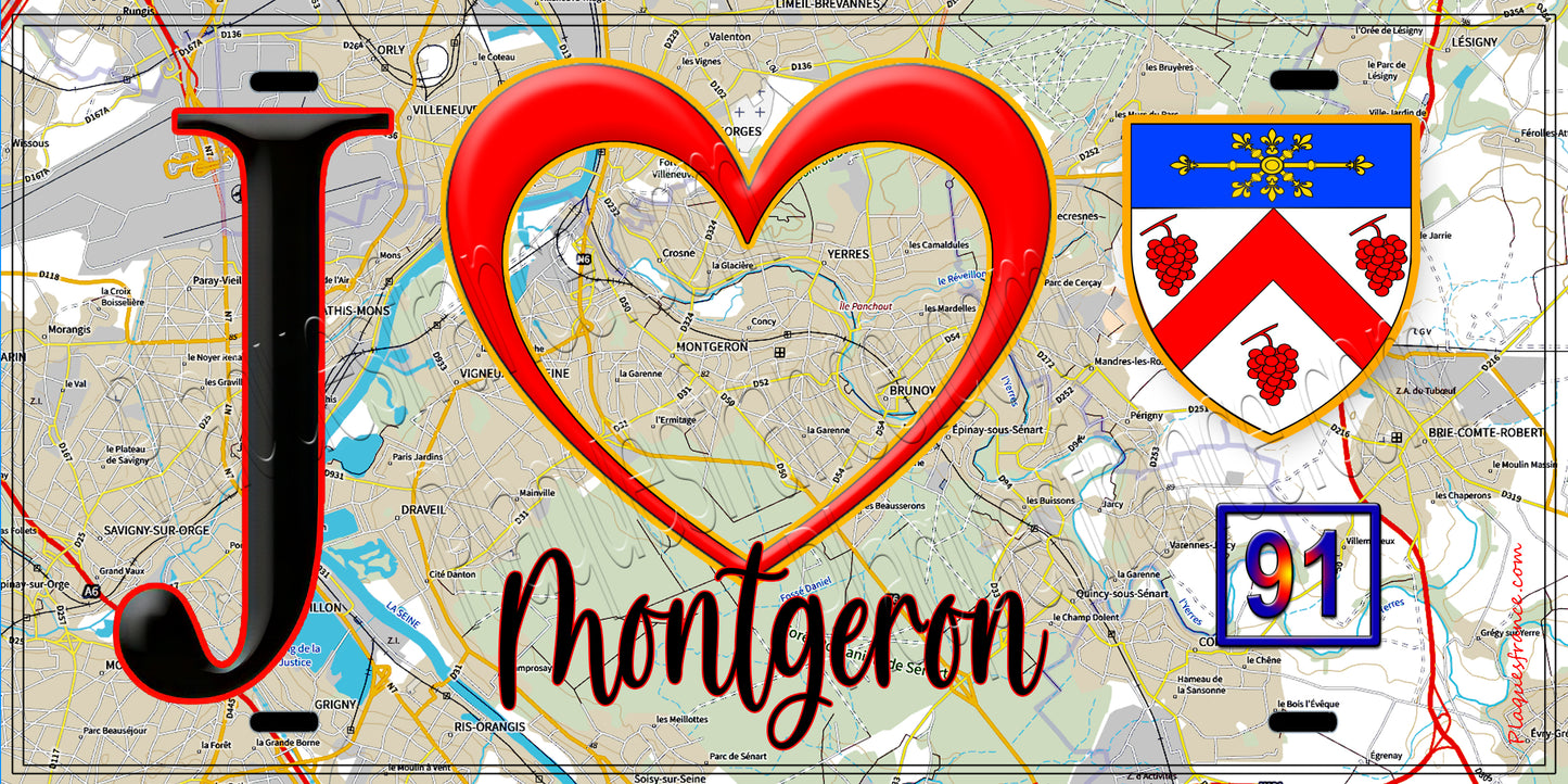 Plaque métal décorative J' ❤️Montgeron, Essonne (91) fond carte