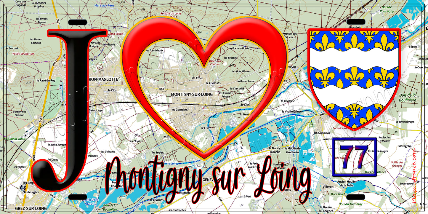 Plaque métal décorative J' ❤️Montigny-sur-Loing, Seine et Marne (77) fond carte