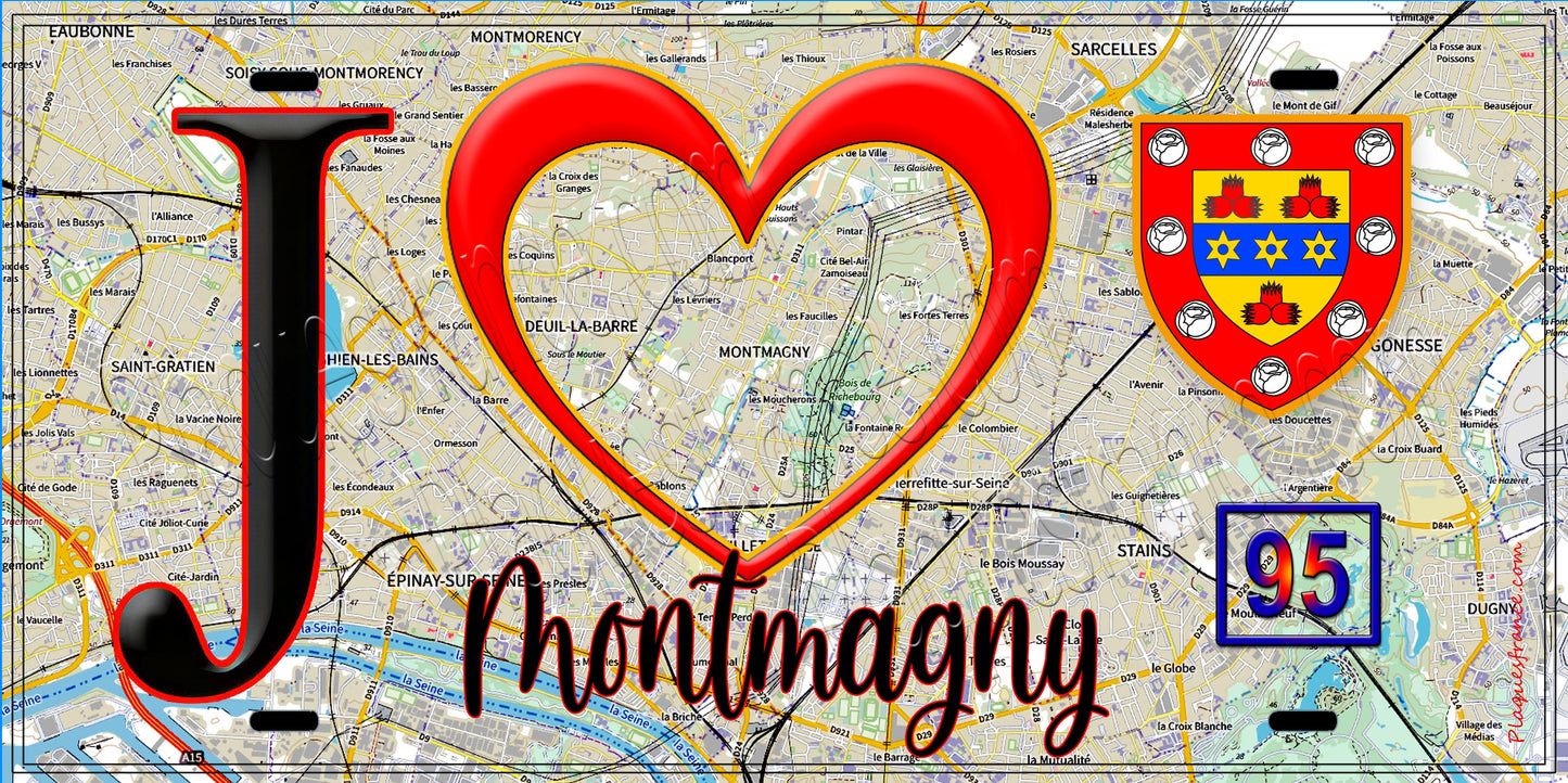 Plaque métal décorative J' ❤️Montmagny, Val d'Oise (95) fond carte