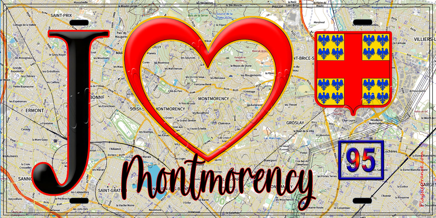Plaque métal décorative J' ❤️Montmorency, Val d'Oise (95) fond carte