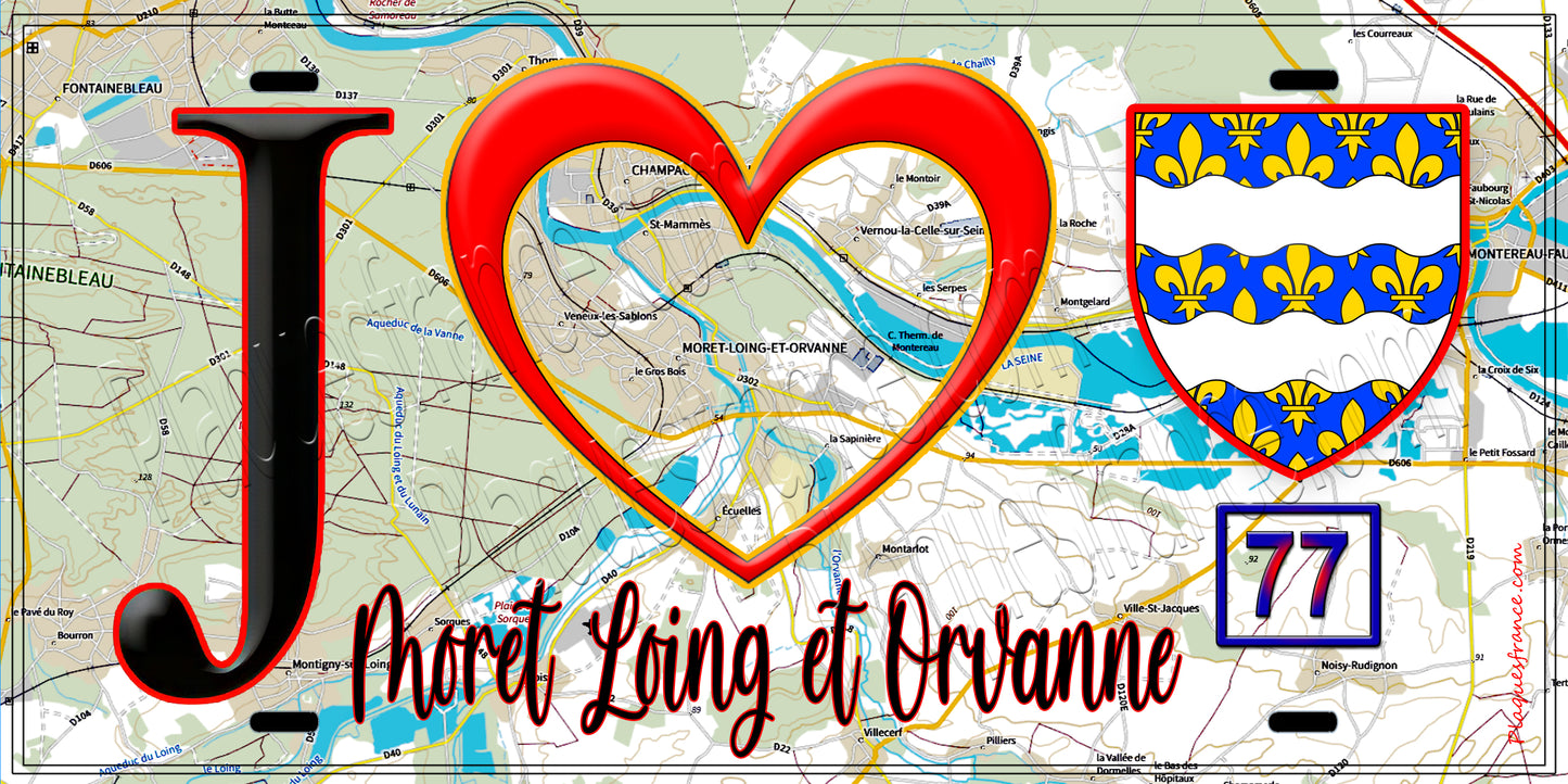 Plaque métal décorative J' ❤️Moret-Loing-et-Orvanne, Seine et Marne (77) fond carte