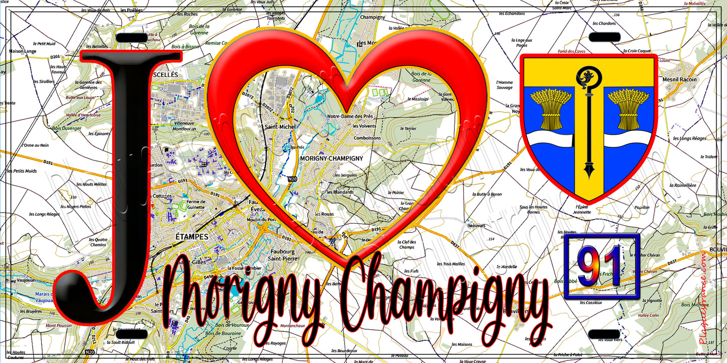 Plaque métal décorative J' ❤️Morigny-Champigny, Essonne (91) fond carte