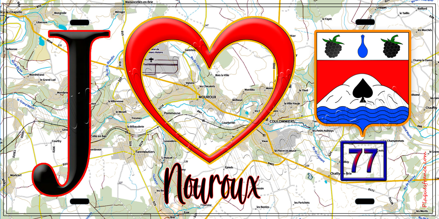 Plaque métal décorative J' ❤️Mouroux, Seine et Marne (77) fond carte