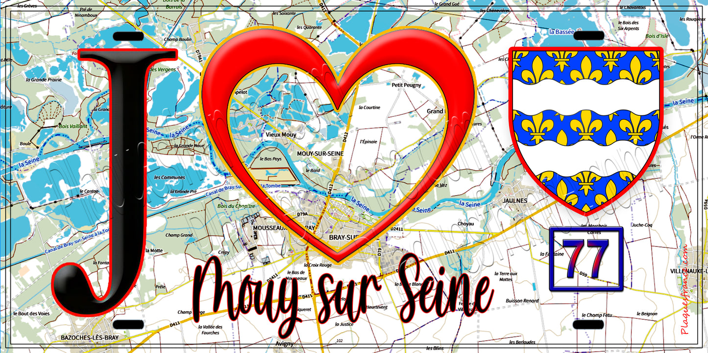 Plaque métal décorative J' ❤️Mouy-sur-Seine, Seine et Marne (77) fond carte